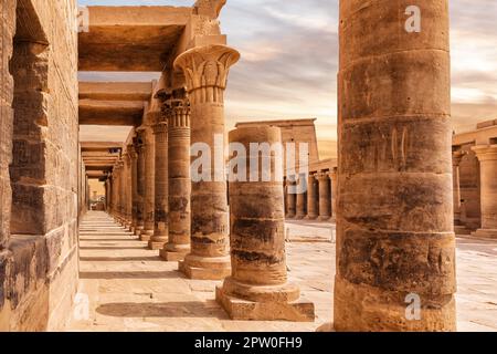 Capitali del colonnato orientale dell'isola di Philae, Tempio di Iside, Assuan, Egitto. Foto Stock