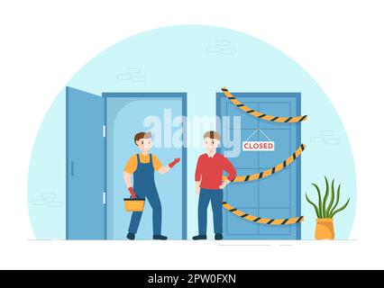 Servizio di installazione di finestre e porte con lavoratore per la riparazione a casa e ristrutturazione utilizzare gli attrezzi in Cartoon piano modello disegnato a mano Illustrazione Foto Stock