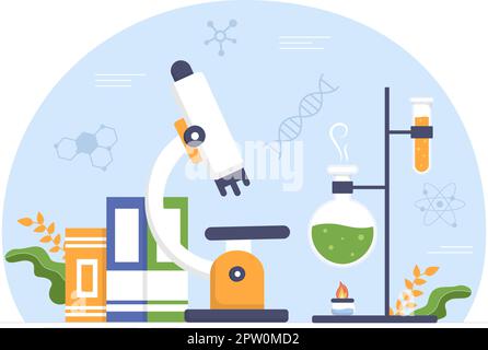 Laboratorio di ricerca scientifica, sperimentazione e misurazione in laboratorio in cartoon piano modelli disegnati a mano Illustrazione Illustrazione Vettoriale