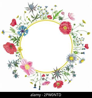 Fiore selvatico disegnato a mano cornice rotonda o corona con papavero camomilla cornflower eryngium ranunculus anemone fiori Foto Stock