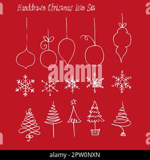 Icona di Natale disegnata a mano con fiocchi di neve, alberi e baubles Illustrazione Vettoriale