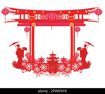 Abstract cornice decorativa con ragazza asiatica Illustrazione Vettoriale