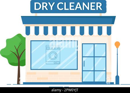 Lavaggio a secco Servizio di magazzino con lavatrici, asciugatrici e lavanderia per l'abbigliamento pulito in Cartoon piano modelli disegnati a mano Illustrazione Illustrazione Vettoriale