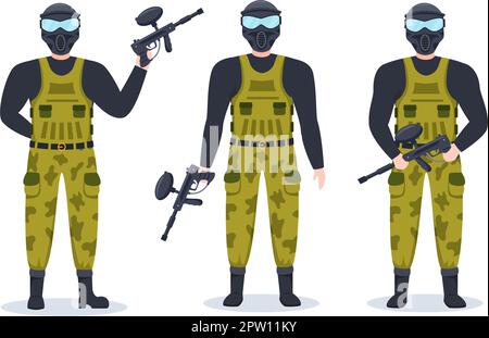 Persone che giocano Paintball of Fighter giocatore Tiro con pistola sparare, mira, attacco in campo scena in piano Cartoon mano disegnata modello Illustrazione Illustrazione Vettoriale