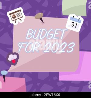 Visualizzazione concettuale bilancio per il 2023, Word per una stima scritta delle entrate e delle spese per il 2023 Foto Stock