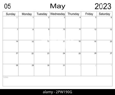 Pianificatore per maggio 2023. Programma per il mese. Calendario mensile. Organizzatore per maggio 2023. Business plan. Elenco delle attività per il mese. Celle vuote del pianificatore. Mese Foto Stock