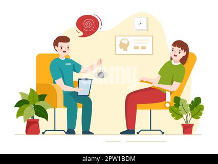 Ipnosi con spirali in bianco e nero che creano uno stato d'animo alterato per i servizi di trattamento in Cartoon piano modello disegnato a mano Illustrazione Foto Stock