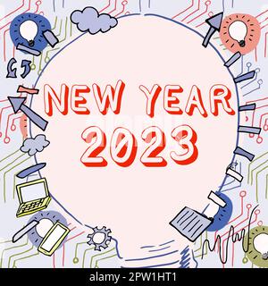 Scrittura visualizzazione del testo Capodanno 2023, Foto concettuale saluto festeggiamento FRESH Start migliori auguri Foto Stock