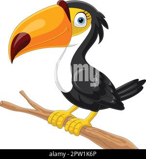Cartoon toucan uccello sul ramo albero Illustrazione Vettoriale