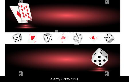 Due banner orizzontali con carte da gioco e dadi in un casinò su sfondo rosso scuro. Il concetto di gioco d'azzardo, casinò online. Immagine vettoriale Illustrazione Vettoriale