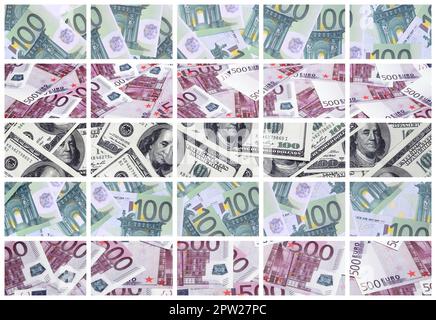 Un collage di molte immagini delle banconote in tagli da 100 e 500 euro giacente nella memoria heap Foto Stock