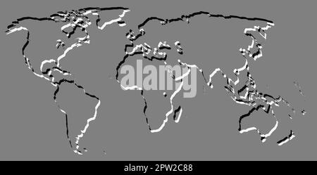 Una mappa del mondo in bianco e nero e stile whiteembosed Foto Stock