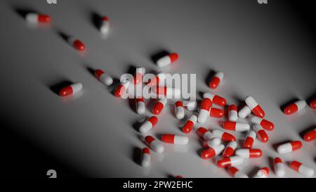 Pillole rosse e bianche su sfondo bianco. Prescrizione droga concetto di dipendenza, industria farmaceutica. Rendering 3D digitale. Foto Stock