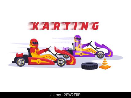 Karting Sport con gioco di corse Go Kart o Mini Car su pista di piccolo circuito in Cartoon piano modello disegnato a mano Illustrazione Foto Stock