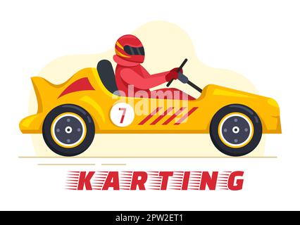 Karting Sport con gioco di corse Go Kart o Mini Car su pista di piccolo circuito in Cartoon piano modello disegnato a mano Illustrazione Foto Stock