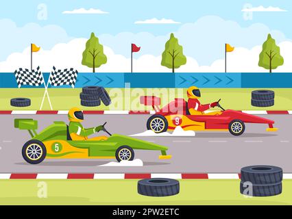 Karting Sport con gioco di corse Go Kart o Mini Car su pista di piccolo circuito in Cartoon piano modello disegnato a mano Illustrazione Foto Stock