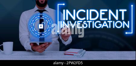 Didascalia di testo che presenta l'indagine incidente, concetto che significa responsabile dell'integrità dell'incidente Foto Stock
