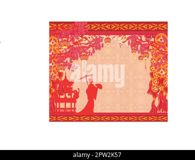 Abstract cornice decorativa con ragazza asiatica Illustrazione Vettoriale