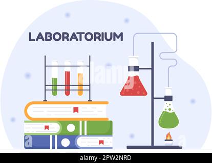 Laboratorio di ricerca scientifica, sperimentazione e misurazione in laboratorio in cartoon piano modelli disegnati a mano Illustrazione Illustrazione Vettoriale