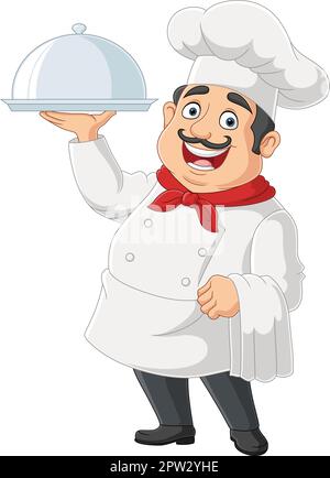 Cartoon chef tenendo un piatto d'argento. Illustrazione Vettoriale
