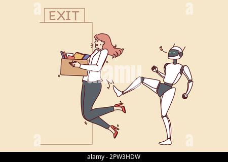 Il robot tira fuori dal lavoro una dipendente femminile. Concetto di intelligenza artificiale e androidi sul posto di lavoro. Nuova era di assistenti robotici. Vettore illu Foto Stock