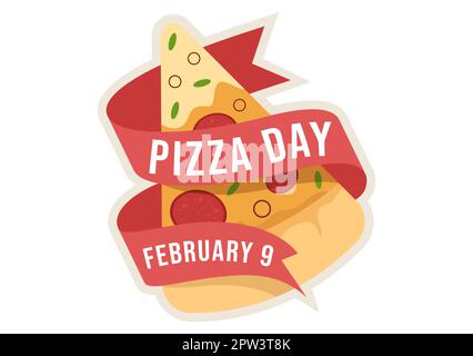 Giorno nazionale della pizza su Celebration 9 febbraio consumando la fetta varia in stile piano Cartoon sfondo modelli disegnati a mano Illustrazione Foto Stock