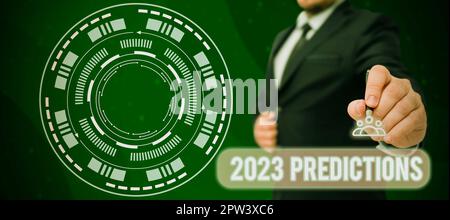 Scrittura a mano segno 2023 Predictions, parola scritta sulla lista delle cose che ritenete che andare accadere senza prova Foto Stock