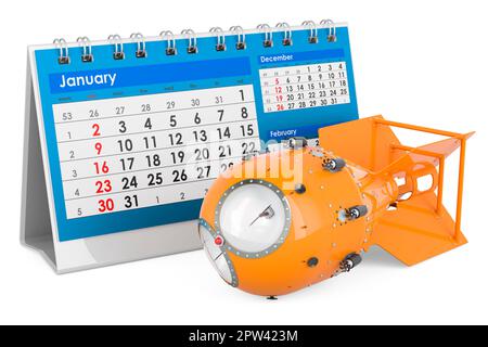 Bomba atomica, arma nucleare con calendario da tavolo. 3D rendering isolato su sfondo bianco Foto Stock