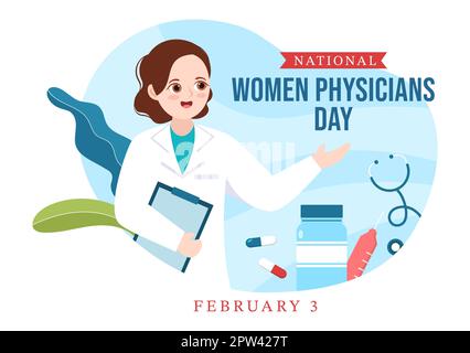 Giornata nazionale delle donne dei medici il 3 febbraio per onorare i medici femminili attraverso il paese in Cartoon piano modelli disegnati a mano Illustrazione Foto Stock