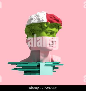 3D glitch di testa di Davide su sfondo rosa. illustrazione 3d. Foto Stock