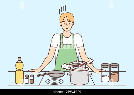 Uomo confuso cuoco a casa cucina Illustrazione Vettoriale