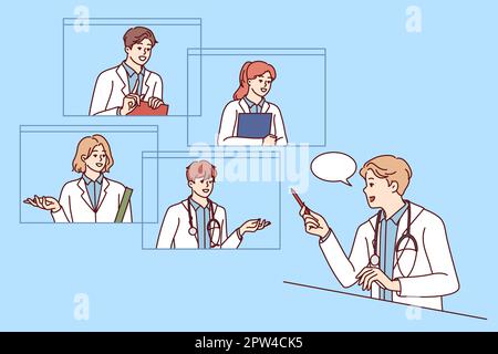 Medico maschio parlare in videochiamata con i colleghi di consulenza. I GP hanno consultazione in linea con i colleghi sulla webcam. Lavoro di squadra. Illustrazione vettoriale. Foto Stock