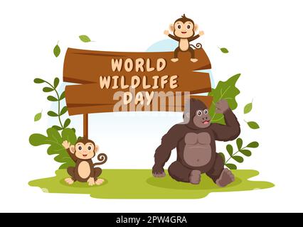 World Wildlife Day il 3rd marzo per aumentare la consapevolezza degli animali, piantare e preservare il loro habitat nella foresta in Cartoon piano modello disegnato a mano Illustrazione Foto Stock