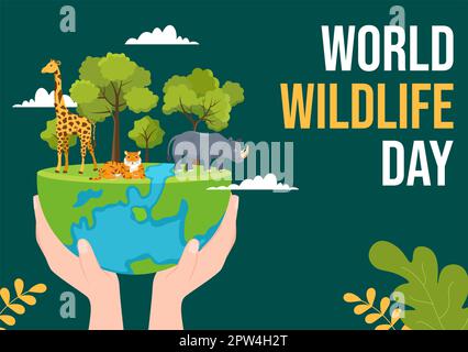 World Wildlife Day il 3rd marzo per aumentare la consapevolezza degli animali, piantare e preservare il loro habitat nella foresta in Cartoon piano modello disegnato a mano Illustrazione Foto Stock