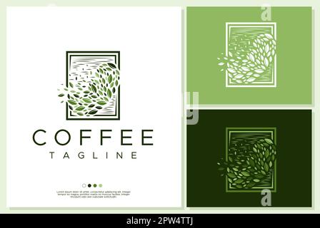 Modello con logo in chicchi di caffè con design a foglia. Modello con logo Leaf Coffee. Illustrazione Vettoriale