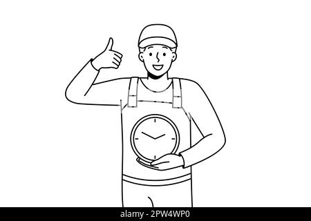 Uomo sorridente in uniforme tenendo l'orologio nelle mani mostrando il pollice in su. Lavoratore maschio felice con la cura di vigilanza circa la gestione di tempo e la scadenza. Illustrazione vettoriale Foto Stock