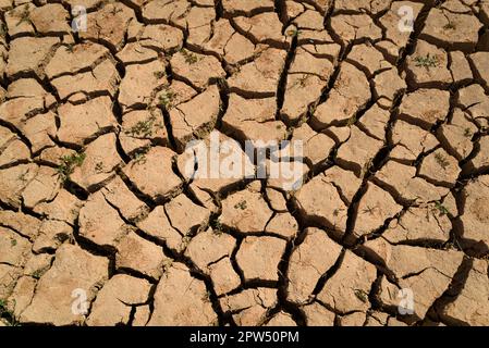 Vilanova de Sau, Spagna. 27th Apr, 2023. I coperchi solidi asciutti sono visti al serbatoio di acqua di Sau. Il bacino idrico, una delle principali fonti d'acqua della regione spagnola della Catalogna e in particolare per la città di Barcellona, è attualmente al 6% secondo i dati dell'Agenzia catalana per l'acqua, mentre i serbatoi d'acqua della regione sono al 27% della capacità; Che ha costretto il governo locale ad adottare misure contro la carenza idrica, poiché la Spagna è entrata in un periodo di siccità cronica. Il livello record basso ha fatto risorgere la città di Sant RomÃ con il suo iconico campanile, che è stato inondato negli anni '60s Foto Stock