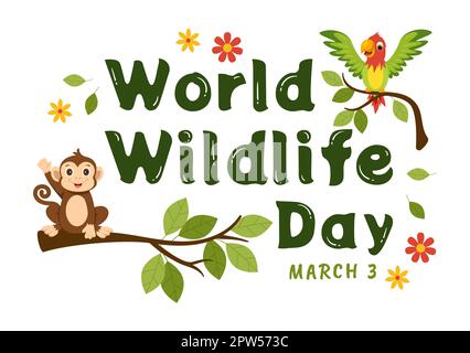 World Wildlife Day il 3rd marzo per aumentare la consapevolezza degli animali, piantare e preservare il loro habitat nella foresta in Cartoon piano modello disegnato a mano Illustrazione Foto Stock