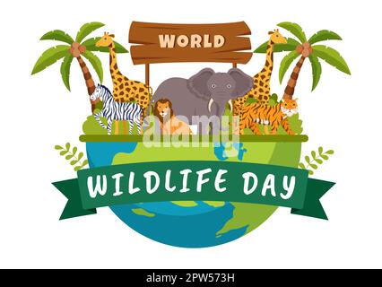 World Wildlife Day il 3rd marzo per aumentare la consapevolezza degli animali, piantare e preservare il loro habitat nella foresta in Cartoon piano modello disegnato a mano Illustrazione Foto Stock