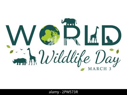 World Wildlife Day il 3rd marzo per aumentare la consapevolezza degli animali, piantare e preservare il loro habitat nella foresta in Cartoon piano modello disegnato a mano Illustrazione Foto Stock