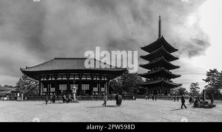 Una foto panoramica in bianco e nero del Tempio di Kofuku-ji. Foto Stock