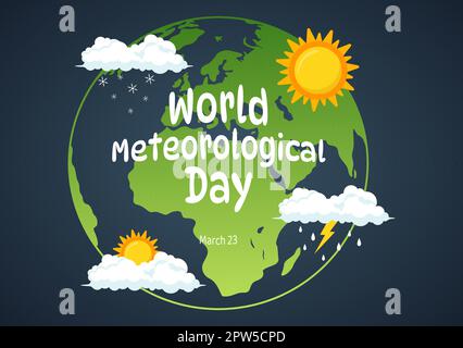 Illustrazione della Giornata Meteorologica Mondiale con la Scienza Meteorologica e la ricerca del tempo in Cartoon piano disegnato a mano per i modelli della pagina di atterraggio Illustrazione Vettoriale