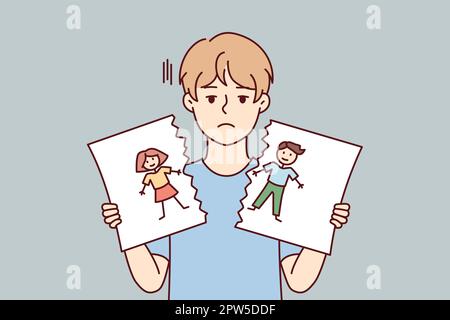 Triste ragazzo dopo la disputa scolastica o conflitto strappa su ritratto auto-disegnato. Immagine vettoriale Illustrazione Vettoriale