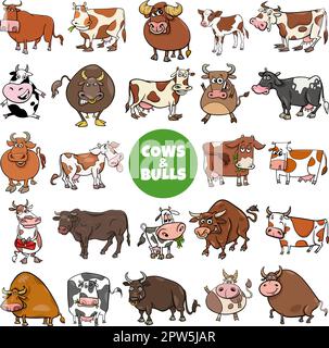 cartoni animati mucche e tori fattoria personaggi animali big set Illustrazione Vettoriale