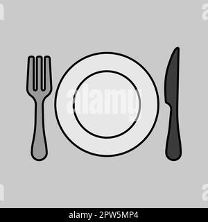 Icona in scala di grigi del piatto da pranzo, del coltello e della forcella. Simbolo grafico per la progettazione, il logo, l'app, l'interfaccia utente del sito Web di cottura Foto Stock