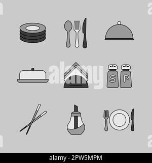 Set icone scala di grigi vettore ristorante. Cartello che serve cibo. Simbolo grafico per la progettazione di siti Web e app, logo, app, UI Foto Stock