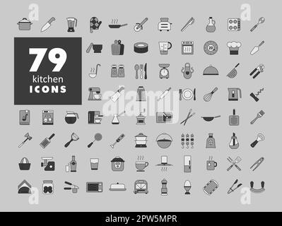 Set di icone vettoriali in scala di grigi per la cucina e la cucina. Simbolo grafico per la progettazione, il logo, l'app, l'interfaccia utente del sito Web di cottura Foto Stock