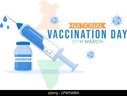 Giornata nazionale delle vaccinazioni il 16 marzo Illustrazione con siringa del vaccino per l'immunità forte in cartoon piano mano disegnata su Landing Page Template Illustrazione Vettoriale