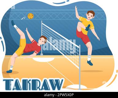 Sepak Takraw Illustrazione con atleta giocando Kick Ball sul campo in Flat Sports Game Competition Cartoon Hand disegnato per Landing Page Template Illustrazione Vettoriale