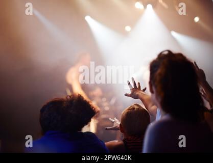 La loro band preferita è a distanza ravvicinata. tifosi che si godono uno spettacolo rock Foto Stock